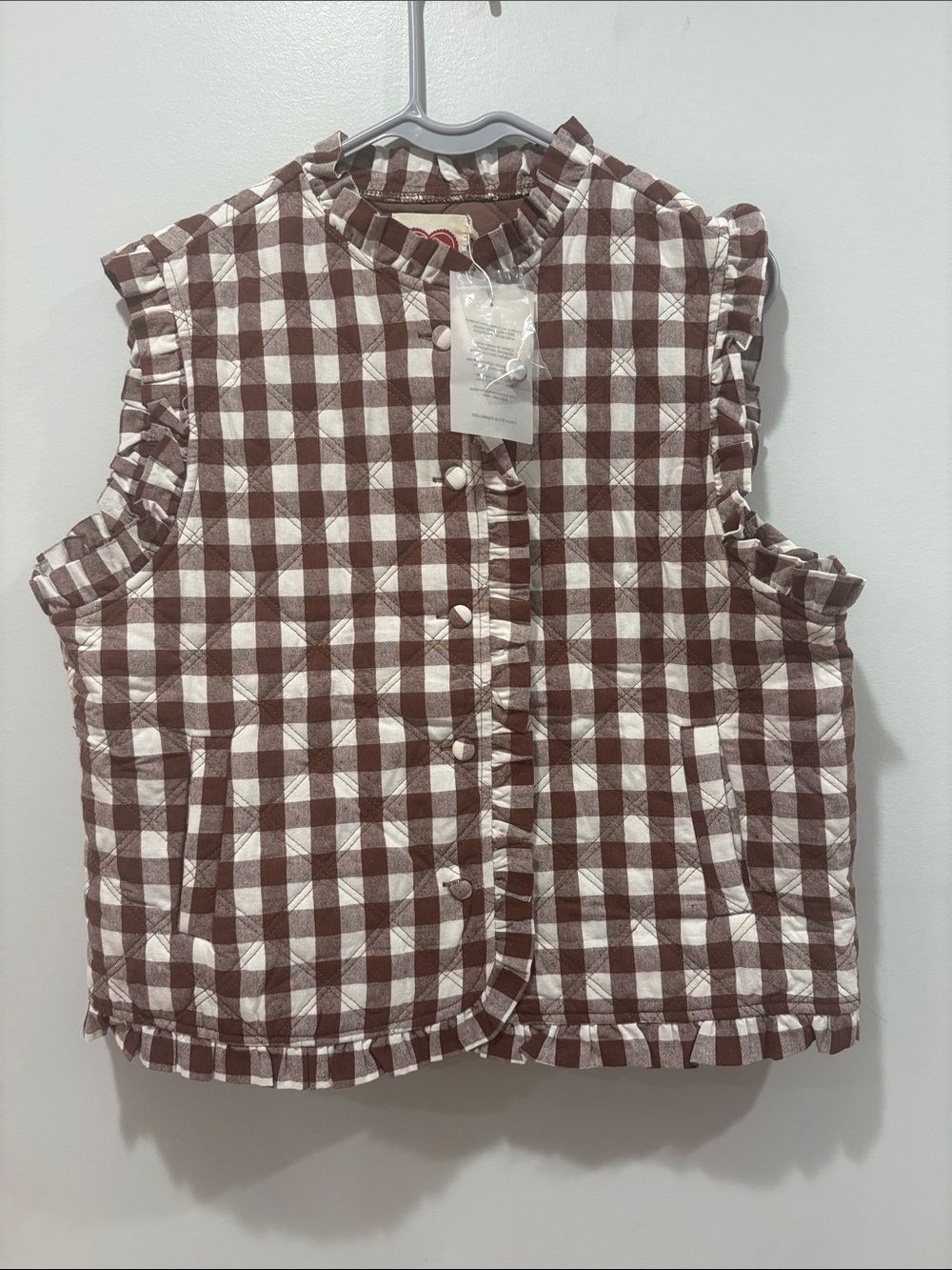 Womens Quilted Gingham Vest in Brown & White